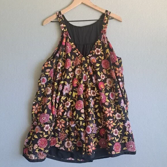 Free People Oh Baby Babydoll Dress XS Black Floral Cotton Sleeveless Summer Boho - Picture 6 of 10